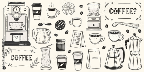 Hand drawn coffee collection featuring espresso machine moka pot cups beans and more