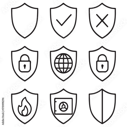 line art Shield icon. Featuring protection, guard, safety, security, firewall, safe, defense vector