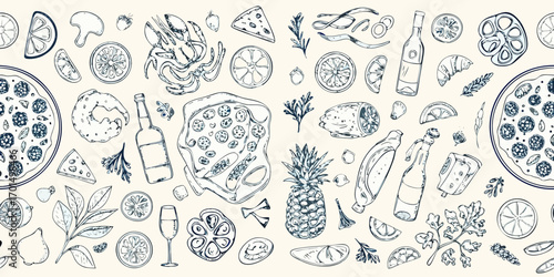 Seamless pattern of hand drawn food and drink elements including pizza seafood fruits and bottles on a light background