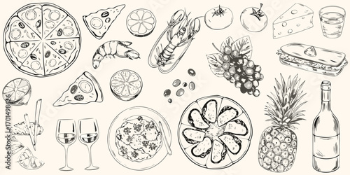 Hand drawn sketch of a variety of delicious food and drinks including pizza seafood fruit cheese and wine