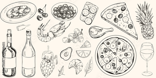 Hand drawn sketch of various food and drink items including pizza wine shrimp fruits and vegetables