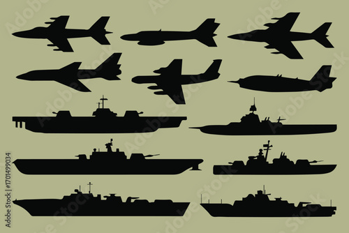vector silhouettes of military aircraft and naval vessels collection icon pack for aviation and warship designv
