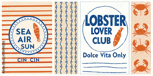 Nautical and coastal themed graphics featuring seafood and beach vibes