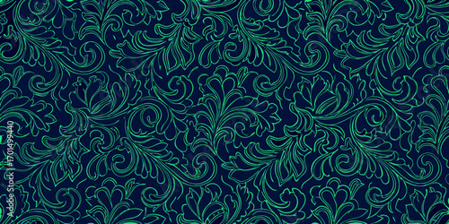 Elegant seamless pattern of green floral swirls and leaves on a dark navy blue background