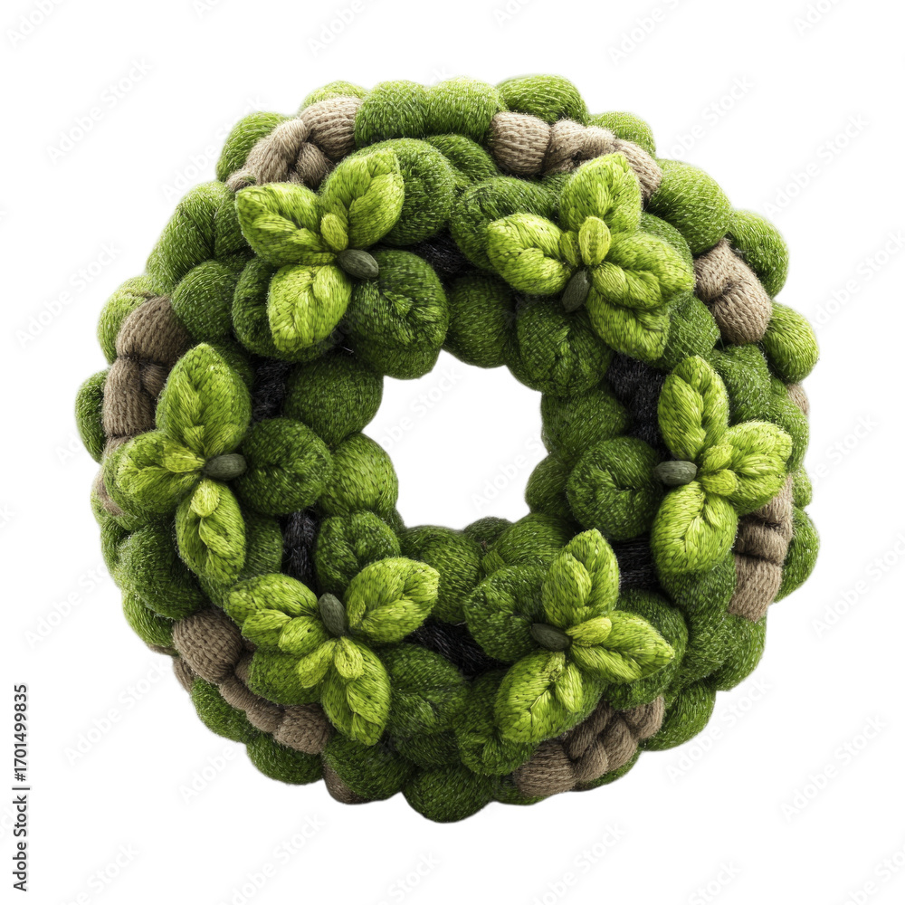 Fototapeta premium A Green Knitted Wreath With Leaf Like Embellishments On A Transparent Background