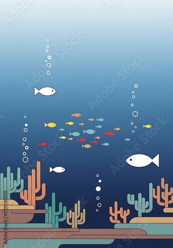 Stylized underwater landscape with coral reefs and swimming fish