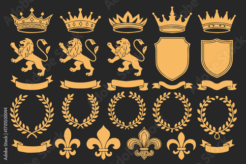 heraldic gold vector set with crowns shields lions ribbons and fleur de lis on black background for premium design