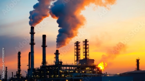 Industrial emission activity refinery location sunset photography urban environment wide angle view environmental impact awareness