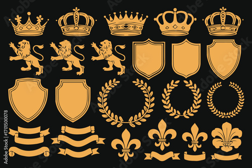 vintage royal emblem collection with golden crowns shields lions and laurel wreaths isolated on black vector