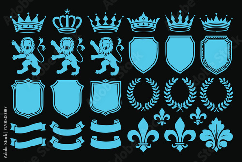 luxury heraldry symbols vector with blue lions shields crowns ribbons and fleur de lis for branding and design
