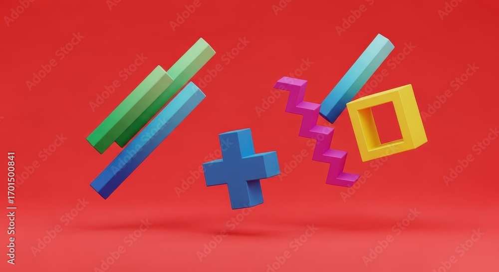 Fototapeta premium Colorful Geometric Shapes on Red Background.