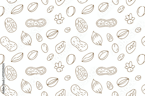 hand drawn nut collection seamless pattern vector background brown line art almonds peanuts pistachios organic snack packaging design