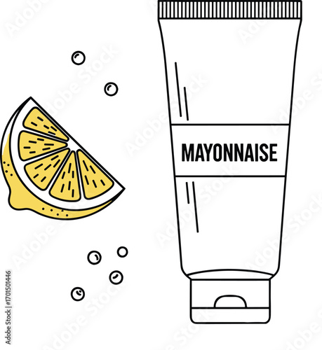 Minimal Line Art Mayonnaise Tube with Lemon and Peppercorns