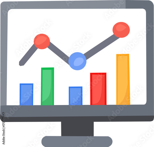 Flat illustration of a computer monitor displaying colorful bar and line charts, representing data analytics, business growth, and performance monitoring.