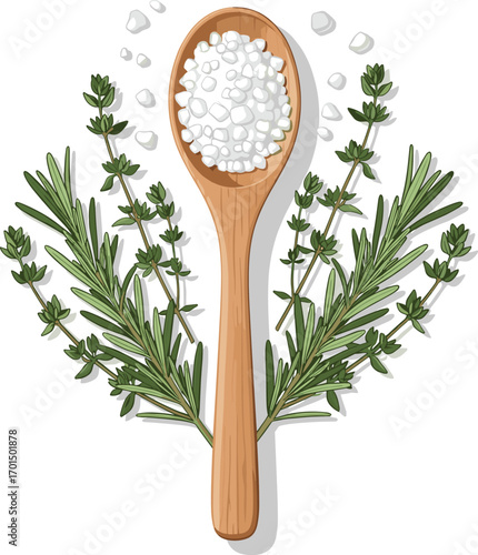 Minimal Vector Illustration of Sea Salt with Wooden Spoon and Herbs