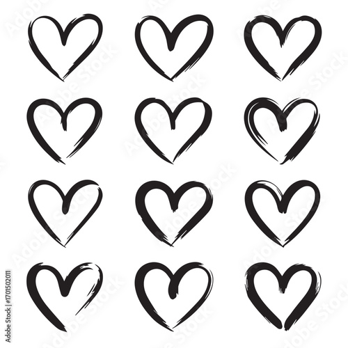 hand painted heart vector set 12 grunge brushstroke love symbols abstract romantic shapes for digital design artwork
