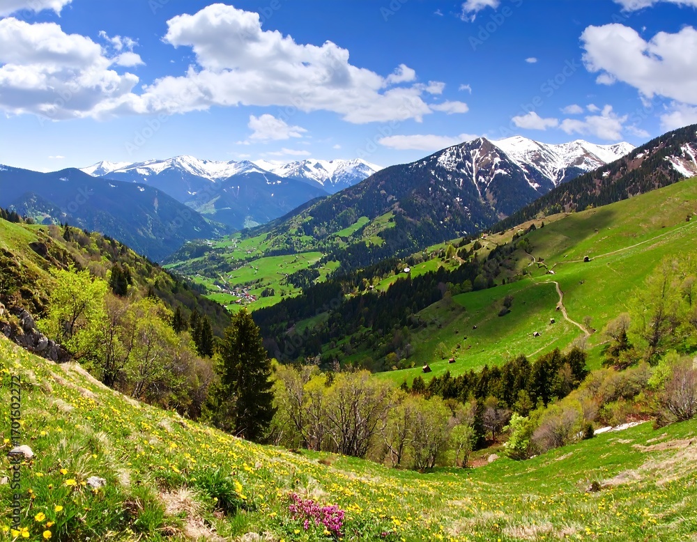 Fototapeta premium Alpine valley panorama. Bright sunny day