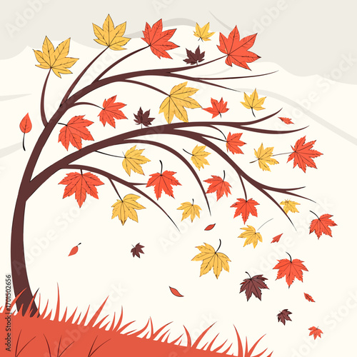 Stylized autumn tree with falling maple leaves in red yellow and brown against a pale background