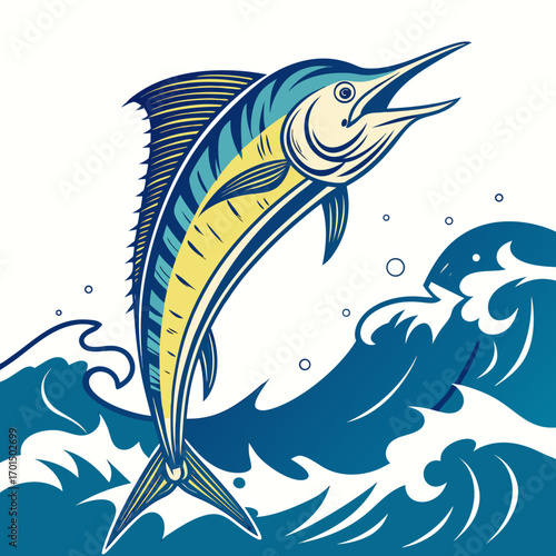 Majestic marlin leaping from crashing ocean waves in dynamic blue and yellow illustration