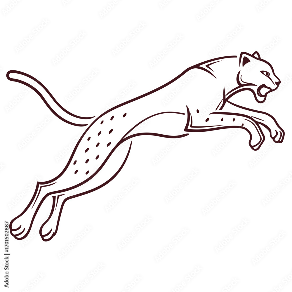 Fototapeta premium Stylized outline of a leaping cheetah with spots in mid air against a white background
