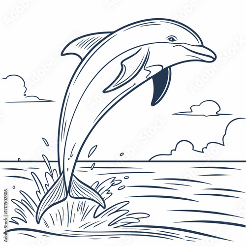 A playful dolphin leaps joyfully out of the ocean water with splashes and clouds in the background