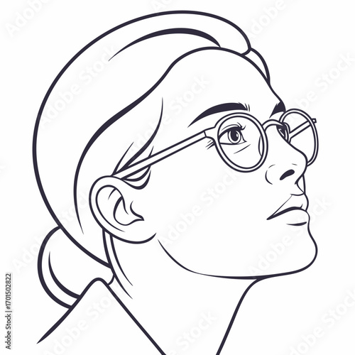 Elegant line art portrait of a woman wearing round glasses looking upwards with hair pulled back
