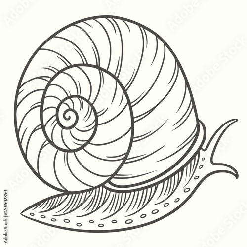 Detailed line art illustration of a snail with a spiraling shell and antennae on a plain background