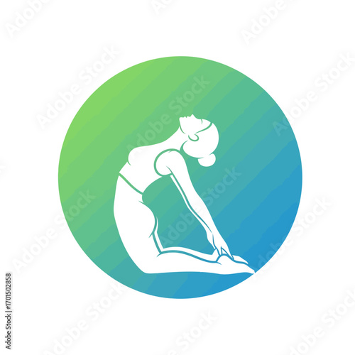 Elegant woman in a camel yoga pose silhouette inside a gradient circle. Modern vector icon for wellness and fitness