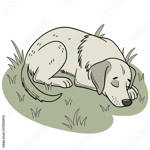 Adorable cartoon dog peacefully sleeping curled up in green grass with closed eyes and a relaxed expression