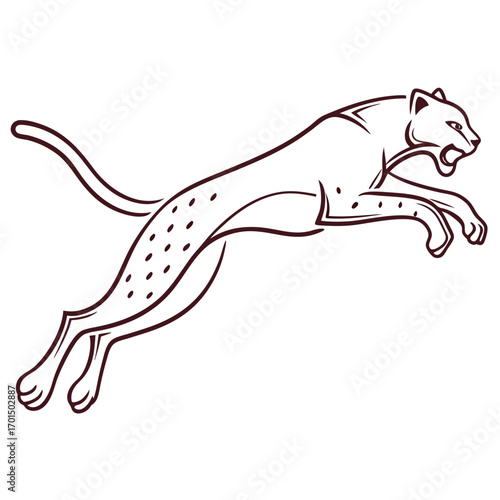 Stylized outline of a leaping cheetah with spots in mid air against a white background