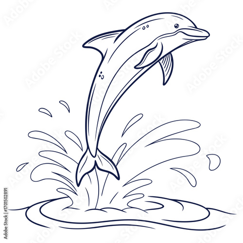 Joyful dolphin leaps from the ocean water creating a splash in a simple line art drawing style