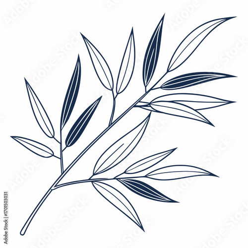 Elegant minimalist line art illustration of a dark blue bamboo branch with delicate leaves on a white background