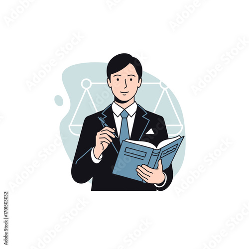 A professional male lawyer or attorney character illustrated in a modern style, holding a law book and pen with the scales of justice icon