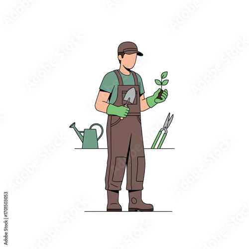 Gardener Holding Plant with Tools Cultivating Growth in Nature