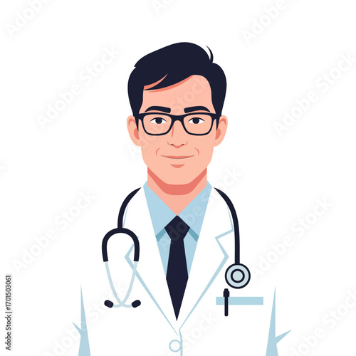 Friendly male doctor with a stethoscope wearing a white lab coat. Professional healthcare medical vector illustration avatar