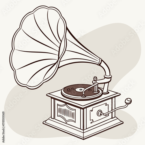 Vintage gramophone with ornate horn and turntable playing music on a neutral background with subtle curves