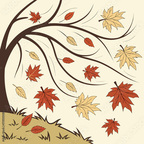 Stylized illustration of a tree with falling leaves in autumn colors against a light background