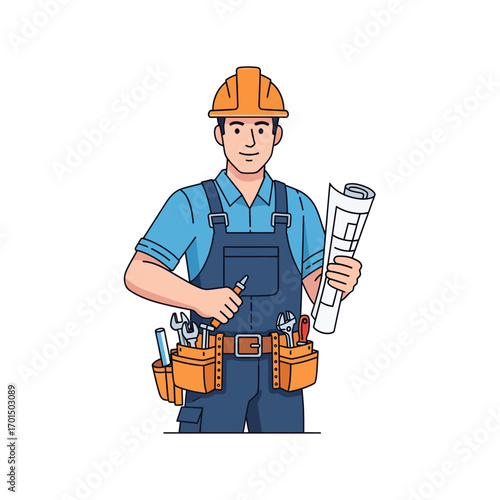 Professional builder character in a hard hat and overalls holding blueprints. Vector illustration of a friendly engineer or handyman for construction services