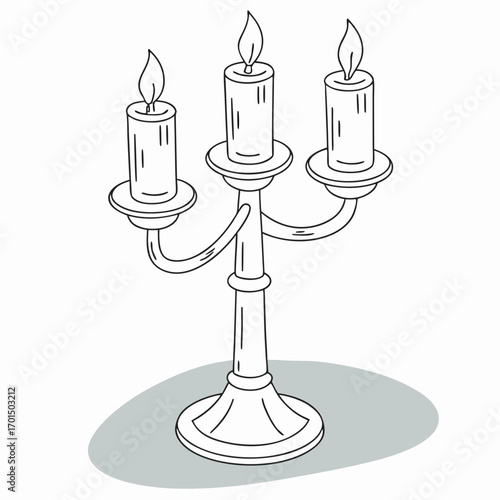 A vintage three armed candelabra with lit candles depicted in a simple black and white line drawing style