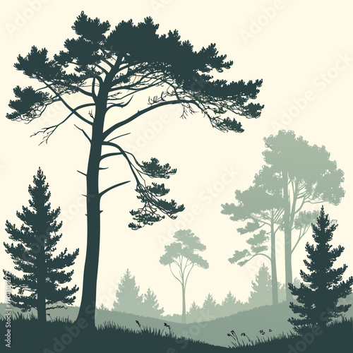 Silhouettes of various pine trees and evergreen conifers creating a layered forest landscape against a light cream background