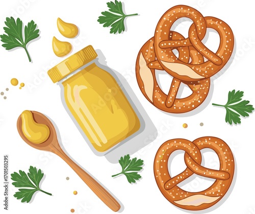 Minimal Vector Mustard Jar with Pretzels and Wooden Spoon