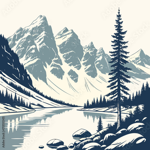 Serene mountain landscape with a calm lake and evergreen trees under a clear sky