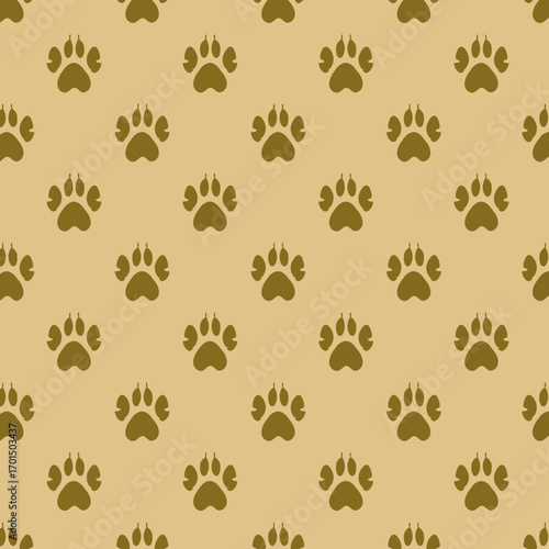 Elegant seamless pattern of detailed animal paw prints on a warm neutral background, ideal for diverse design projects from fashion to home decor, bringing an authentic natural touch