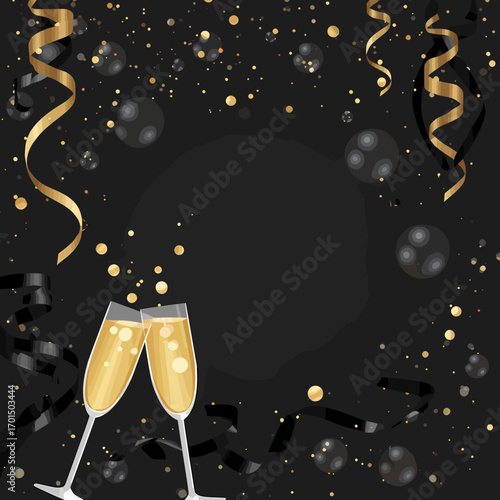 Golden bubbles and champagne glasses with confetti and streamers on a dark background, celebrating a festive occasion