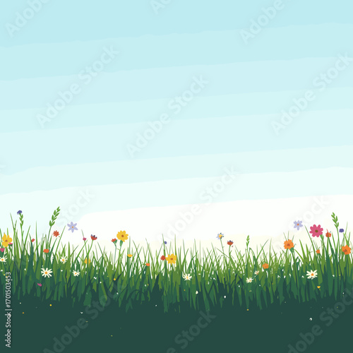 Meadow of Colorful Flowers and Green Grass under a Bright Blue Sky Nature's Beauty