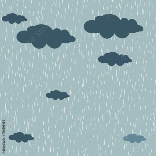 A simple and stylized illustration of a rainy day, featuring dark cartoon clouds and falling raindrops against a soft blue sky background