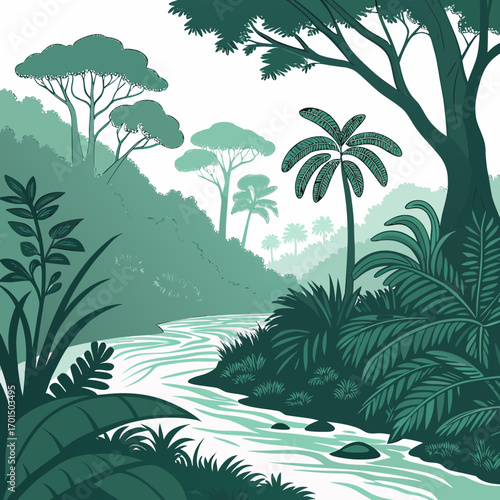 Stylized illustration of a lush green jungle landscape with a winding river and tropical trees in varying shades of green