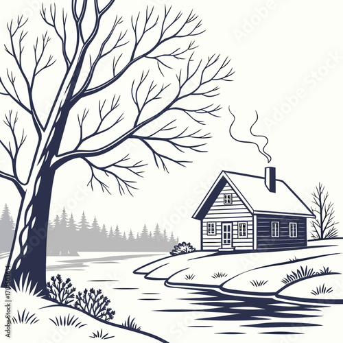 Rustic wooden cabin nestled by a serene lake with bare winter trees and smoke rising from chimney