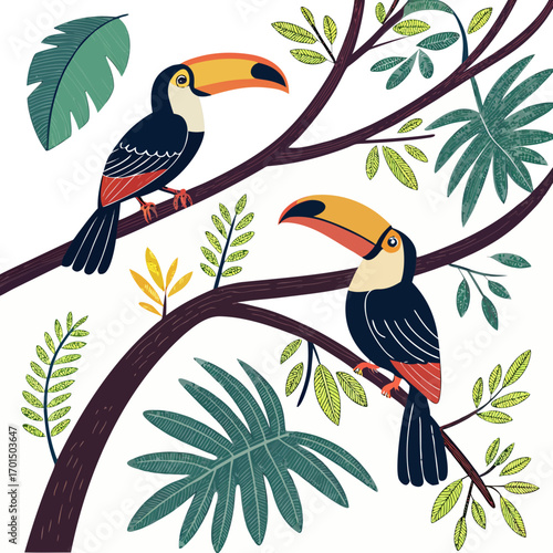 Two charming toucans perched on dark tree branches amidst lush tropical foliage and vibrant green leaves
