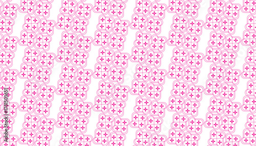 Pink geometric pattern of interconnected plus signs and rounded squares on white seamless